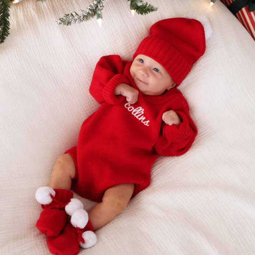 Knit Pom Pom Baby Booties in Red | Caden Lane