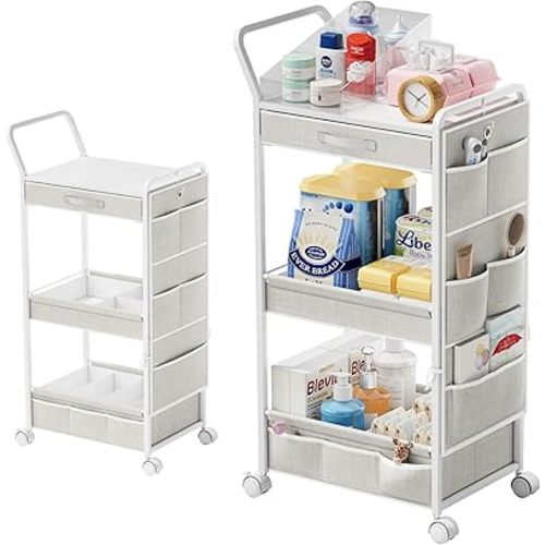 BBLIKE 3-Tier Diaper Caddy Organizer - Rolling Utility Baby Cart with Drawer and Side Pockets for Nursery and Baby Essentials, Multi-Function Cart for Bedroom and Bathroom, White