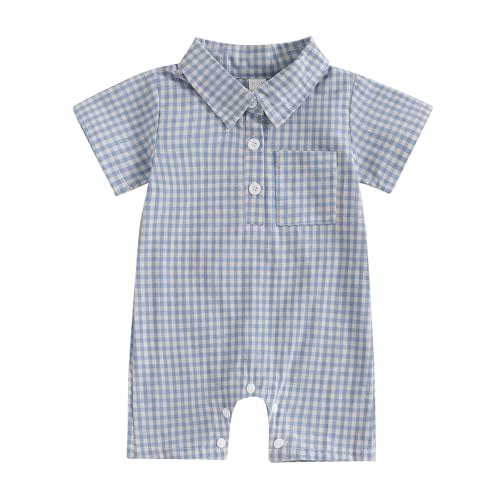 Karuedoo Newborn Baby Boy Clothes Gingham Short Sleeve Collared Romper Jumpsuit Plaid Button Down Bodysuit Summer Outfit
