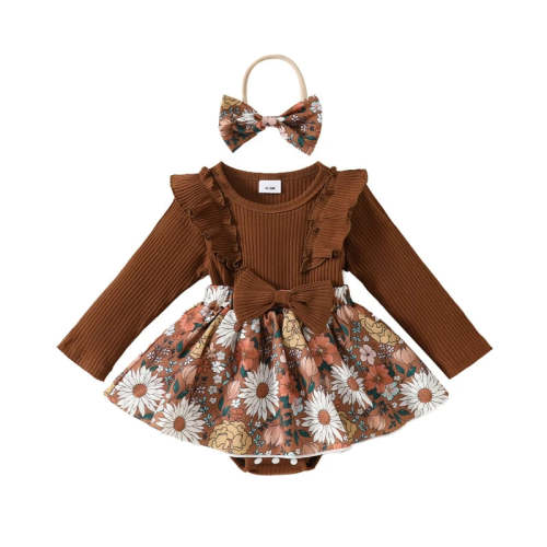 Baby Toddler Girls 2Pcs Fall Outfit Flower Print Ruffle Trim Long Slee – August + Willow