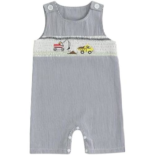 Infant Baby Boy Summer Clothes Sleeveless Embroidery Striped Retro Romper Jumpsuit Smocked Shortall