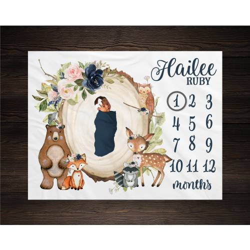 Woodland Milestone Blanket Monthly Growth Tracker Soft Fleece Deer Blanket Baby Shower Gift Newborn Gift Blanket Watch Me Grow Baby Girl