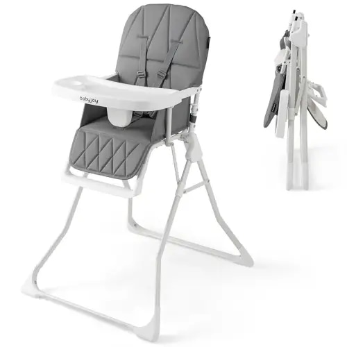 BABY JOY Foldable High Chair, Portable Highchairs for Babies and Toddlers with 3-Position Adjustable Tray & Footrest, Removable Seat Cushion, 5-Point Safety Harness, Space Saving Design (Gray)