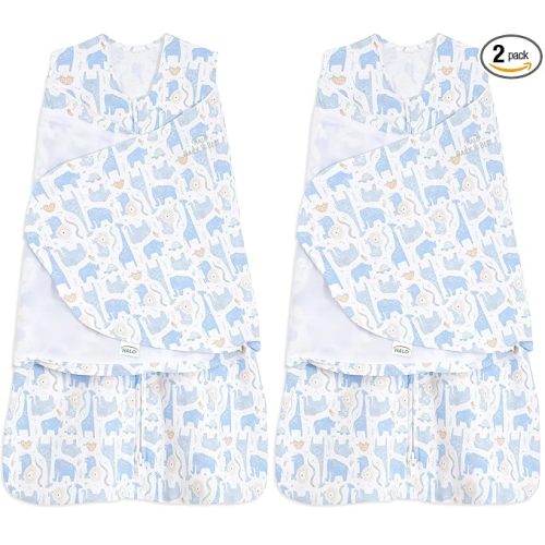 HALO 100% Cotton Sleepsack Swaddle, 3-Way Adjustable Wearable Blanket, TOG 1.5, Blue Safari, Newborn, 0-3 Months (Pack of 2)