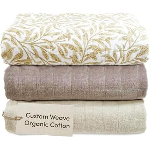 MOZAH Organic Muslin Swaddle Blankets - Brown, Beige, and Beige Leaves - 3 Pack - for Baby Boy or Girl - Ideal for Newborns, Toddlers & Registry Essentials