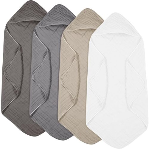 Peryiter 4 Pcs Muslin Hooded Baby Towels, 32"x 32" Cotton Newborn Bath Towel Muslin Infant Baby Blankets Absorbent Unisex Newborn Registry Gift Essentials for Girls Boys (Gray Series)