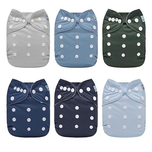 ALVA Baby Cloth Diapers 6 Pack with 12 Inserts Diaper Covers for 0-3T Boy | One Size Adjustable Snaps, Fits 6.6–33 Lbs Baby Boys&girls, Hip Crossover Snaps Prevent Wing Droop for Leak-proof Snug Fit