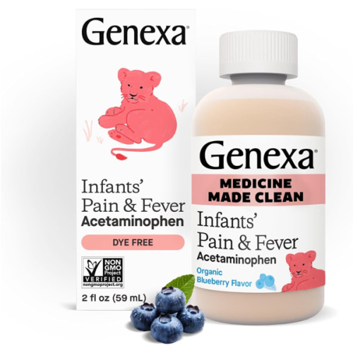 Genexa Infants’ Clean Pain & Fever Acetaminophen, Dye Free, 0% Artificial Additives, Delicious Organic Blueberry Flavor, Liquid Oral Suspension Medicine for Baby, 160 mg per 5mL, 2 fl oz