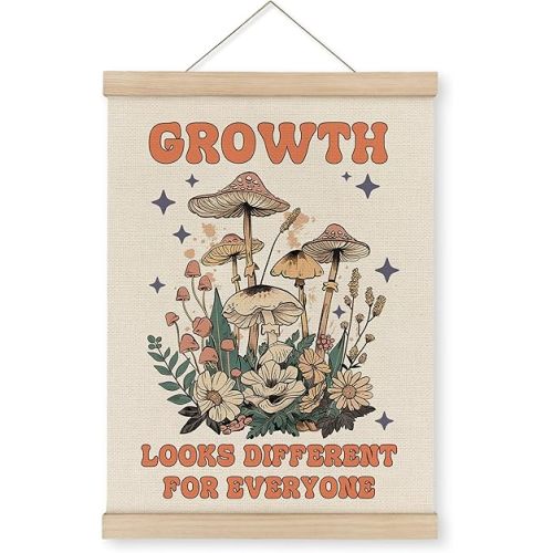 MAQIKA Mushroom Poster Framed with Wood Hanger, Mental Health Posters Wall Art, Inspirational Wall Decor, Mushroom Flower Canvas Wall Art for Mental Health Decor 12x16 inch