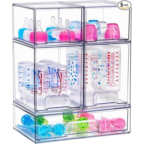 Stackable Acrylic Storage Drawers – 2 Small + 2 Tall + 1 Wide – 5 Pack Clear Plastic Organizer Bins for Baby Bottles