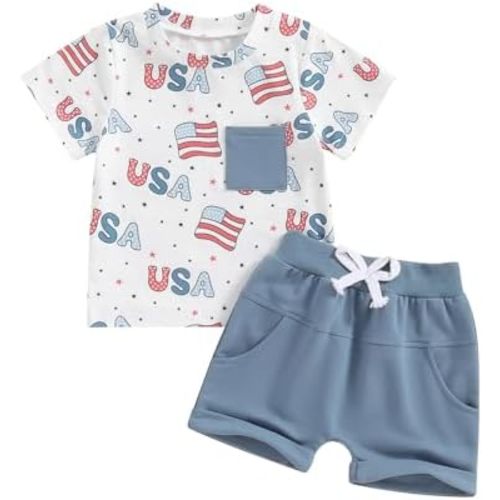 4th of July Baby Boy Outfit USA Flag Short Sleeve Shirt Elastic Shorts 2Pcs Toddler Boys Fourth of July Outfits