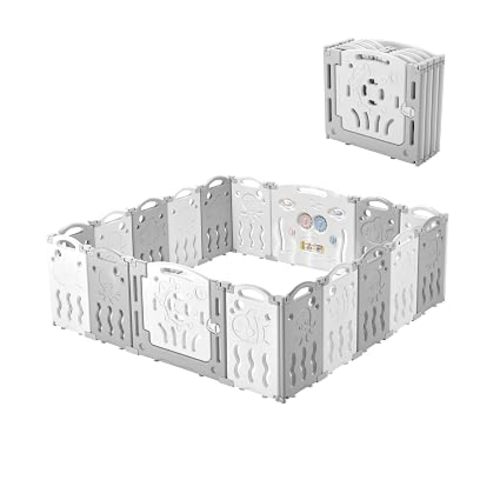 Albott Baby Fence Kid Playpen 18 Panel Albott Play Yard - Foldable Kids Safety Activity Center Playard Safety Lock Gate,Adjustable Shape, Portable Design for Indoor and Outdoor (18 Panel, Grey+White)
