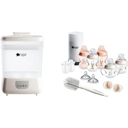 Tommee Tippee Electric Steam Sterilizer and Dryer & Natural Start 14 Piece Baby Bottle, Travel Bottle Warmer & Pacifier Set with Extra Nipples, 2 Formula Dispensers & Bottle Brush, Pink & Clear