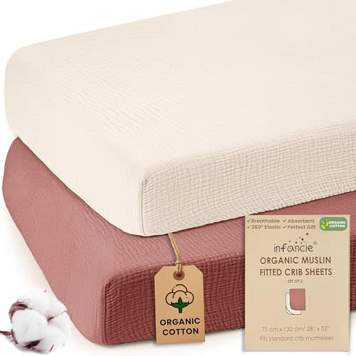 100% Organic Cotton Muslin Crib Sheets (Set of 2) – Soft & Breathable Fitted Sheets for Boys and Girls, Neutral Colors – Fits Standard Baby Crib Mattress (28 x 52 Inches) (Rust/Ivory)