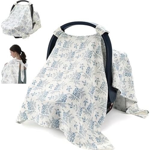 2-in-1 Muslin Baby Car Seat Cover & Nursing Cover, Soft Lightweight Breastfeeding Cover for Boys and Girls,Breathable Canopy for Infant Carseat & Stroller for Summer—Blueberrie