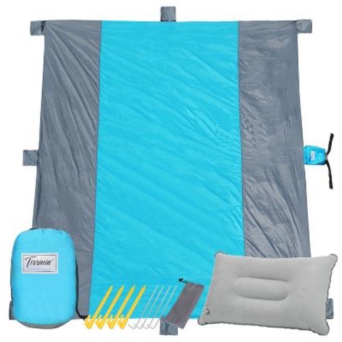 Tirrinia Sandproof Beach Blanket with Free Inflatable Pillow, Extra Large 9’ X 10’ for 7 Adults, Portable & Foldable Waterproof Picnic Mat Set
