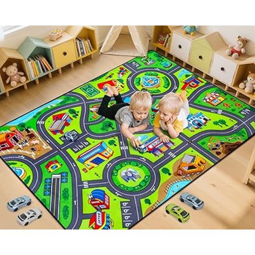 Road Car Rug, 5x7 Ft City Road Rug for Kids, Extra Thick (0.4in) Kids Play Rug Mat and Car Carpet with Realistic Colors - Perfect for Children, Soft and Non-Slip for Playroom and Bedroom