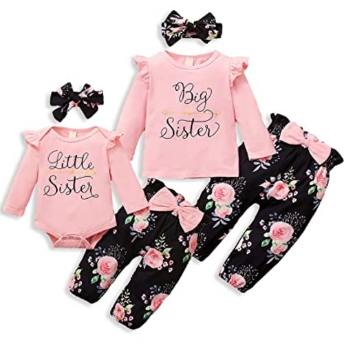 AMAWMW Big Sister Little Sister Matching Outfits Toddler Girl Clothes Newborn Baby Ruffle Romper Floral Pants Headband 3Pcs