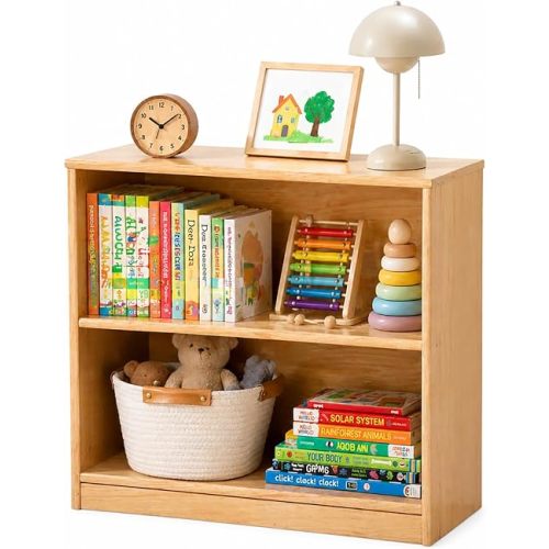 Rubber Wood Montessori Bookshelf, 2-Tier Toys Storage 23.6" L
