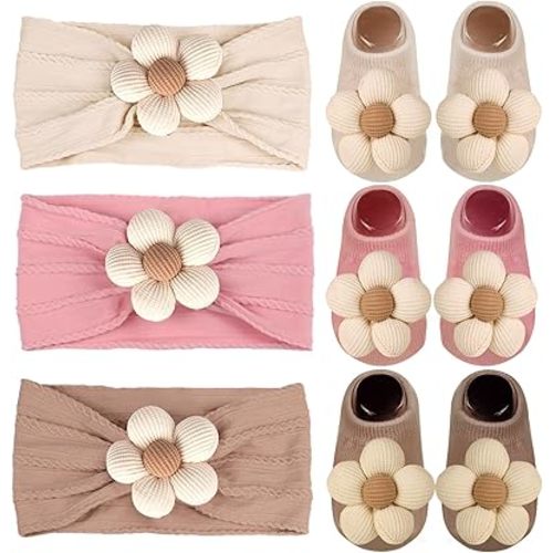 Baby Girls Headbands and Socks Newborn Flower Hairbands Non-Slip Grips Socks Nylon Hair Accessories Infants and Toddlers (Beige, 6-12 Months)