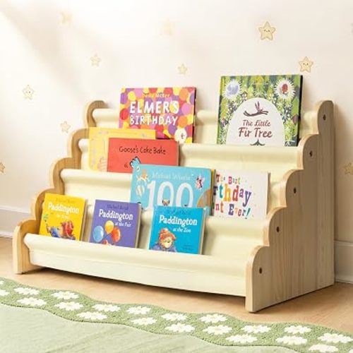 Solfres Scalloped Kids Wooden Bookshelf, 4-Tier Montessori Front-Facing Book Storage Display for Toddlers, Toddler Bookshelf Organizer for Nursery & Playroom, Kids Room Decor, Beige