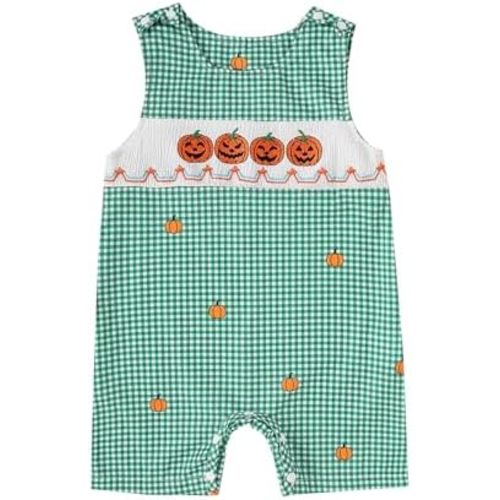 Infant Baby Boy Halloween Pumpkin Plaid Jumpsuit Sleeveless Gingham Romper One Piece Strap Overalls Smocked Clothes