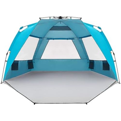 Instant Shader Enhanced Deluxe XL Beach Tent Easy Set Up 4-6 Person Popup Sun Shelter 99" Wide for Family UPF 50+ Double Silver Coating with Extended Zippered Floor Pacific Blue
