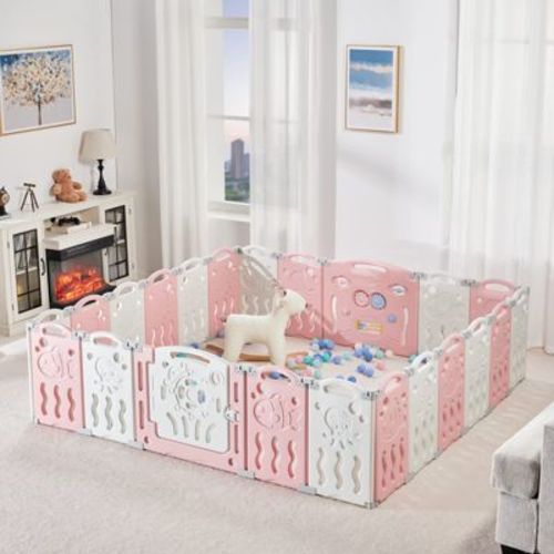 AMERLIFE Baby Playpen, Upgraded Portable Foldable Baby Fence with Game Panel and Safety Gate