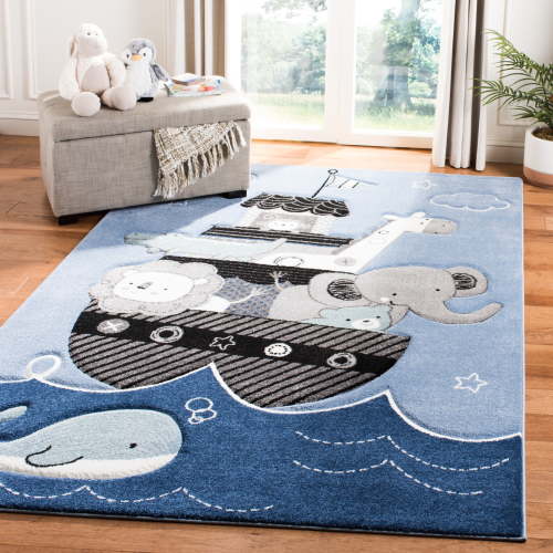SAFAVIEH Carousel Kids Patton Animals on Board Area Rug, Blue/Grey, 9' x 12'
