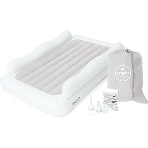 Regalo Inflatable Toddler Travel Bed with 2-Sided Safety Rail Bumpers, Portable Air Mattress with Pump & Carry Bag, Safe & Durable Bed for Camping, Travel, Sleepovers (Ages 2-5)