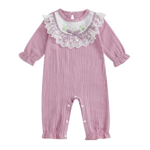 Winioder Newborn Baby Girl Romper Floral Embroidery Lace Ruffled Long Sleeve Full Length Jumpsuit Infant Cute Fall Clothes