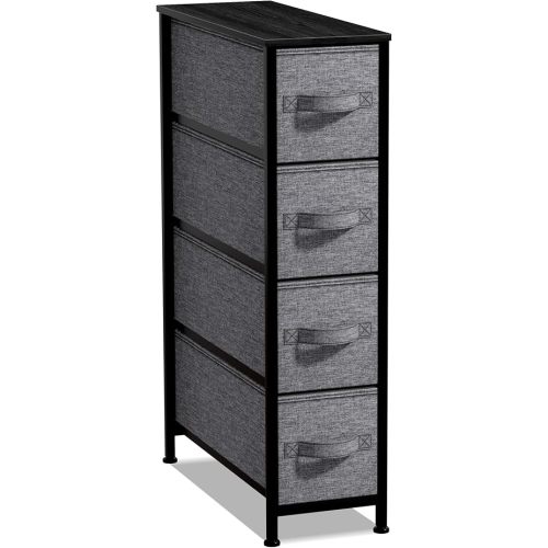 Sorbus Narrow Dresser with 4 Drawers - Vertical Slim Storage Chest of Drawers with Steel Frame, Wood Top & Easy Pull Fabric Bins for Small Spaces, Closets, Bedroom, Bathroom & Laundry (Black/Charcoal)