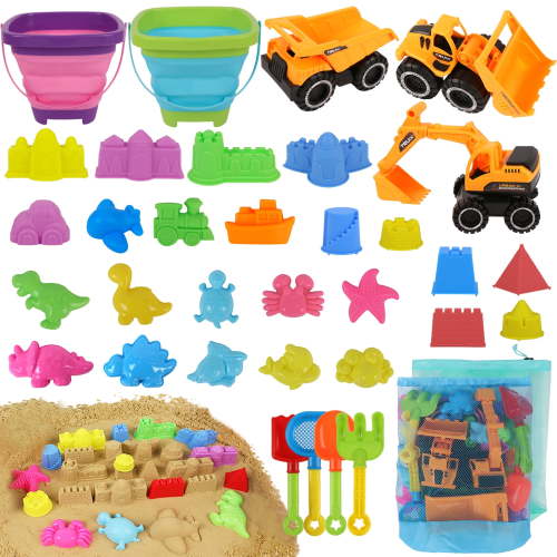 KiddiTouch Sand Toys, 35Pcs Beach Toys, Sandbox Toys with 3 Truck 2 Collapsible Beach Bucket, Sand Castle Toys Kit, Animal Dinosaur Molds, Shovel Set, 2 Mesh Bag, Summer Toys for Kids Toddlers Boys G