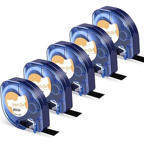 Labelife Compatible with Dymo LetraTag Iron-On Fabric Labels 18771 Iron on Labels for Clothing Tape Work with Dymo Letra tag LT LT-100H LT-110T Printer, 5 Pack, Black on White,1/2-Inch x 6.5-Foot Roll
