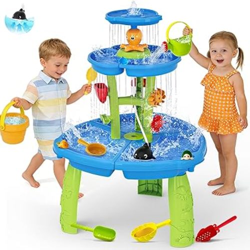 2026 Toddlers Water Table, 3-Tier Rain Showers Splash Pond Sensory Table with Water Pump & Water Toy Accessories, Summer Outdoor Toys, Kids Water and Sand Activity Playset for Boys Girls Age 3-5