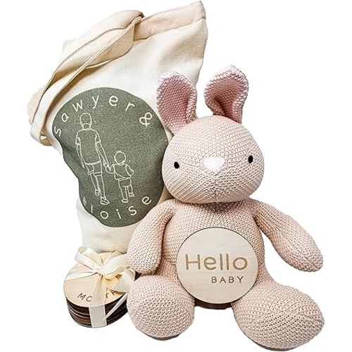 Monthly Baby Milestone Knit Cotton Stuffie with Wooden Discs, Newborn Photography Prop, Announcement Sign by Sawyer & Eloise (Bunny)