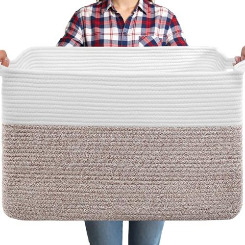 105L Large Blanket Storage Basket with Handles - White & Brown