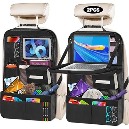 Backseat Car Organizer with Table Tray,12 Pockets Storage Organizer with Tablet Holder,Car Seat Organizer with Car Tissue Holder,Kick Mats Protector For Kids,Travel Accessories(2-Pack)