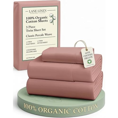 LANE LINEN 100% Organic Cotton Twin Sheet Set, Soft & Comfy Premium Bedding Sheets & Pillowcases, Luxury Hotel Like Percale Sheets, Reinforsed French Seam in Fitted Sheets Pocket - Rose Dawn