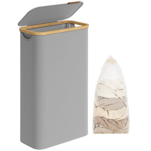 SONGMICS Laundry Hamper with Lid 3-Section Large Laundry Basket Removable Mesh Liner Bamboo Handles Collapsible