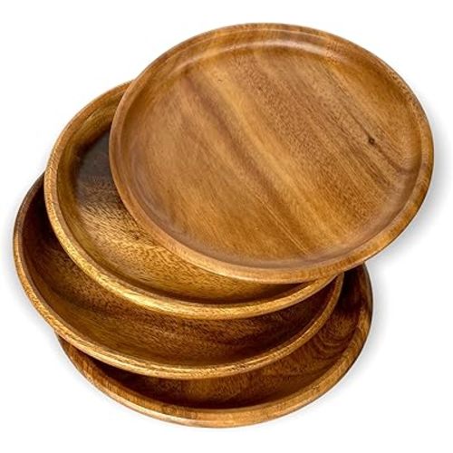 Wooden Plates, Handcrafted Set of 4, 8" Round Acacia Hardwood Platter, Natural, Rustic Durable Tableware for Side Dish, Sandwich, Salad, Dessert, Appetizer.