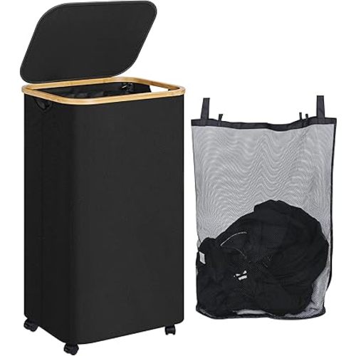 110L Laundry Basket with Wheels,Clothes Hamper for Laundry,Laundry Hamper with Lid and Inner Bag, for Laundry Room, Bedroom, Dormitory Storage,Black
