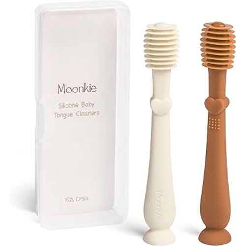 Moonkie Baby Tongue Cleaner, Toddler Toothbrush, Baby Oral Cleaner Newborn Kit for 3 Months+, 2 Pcs (Clay/Ivory)
