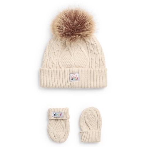 Toby Cable Knit Faux Fur Pompom Hat & Mittens Set | Nordstromrack