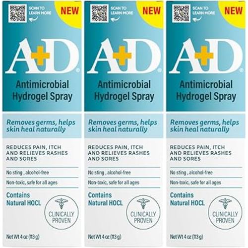 A+D Hydrogel Spray – With Hypochlorous Acid, Helps Heal Rashes & Irritations, Reduces itch & pain, Alcohol-Free, Non-Sting Formula, Safe for All Ages, 4oz 3 Pack