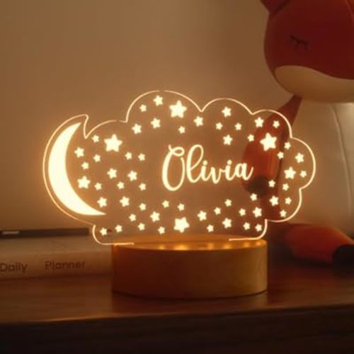 Personalized Baby Gift Name Night Light for Kids Girls Boys Nursery Decor with Stars & Cloud Acrylic Light - Includes Remote and Color-Changing, Laser Engraved in The USA