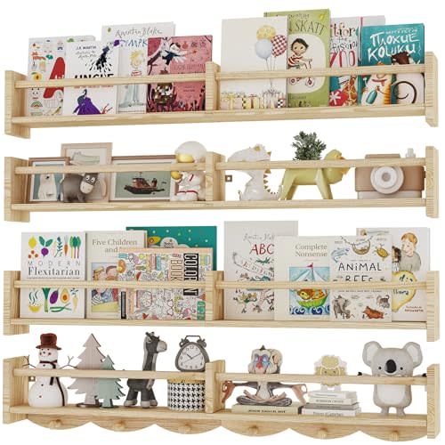 ECOOCE 34Inch Nursery Bookshelves,Set of 4,Wall Floating Shelf Kids Coat Rack with 6Hooks,Hanging Book Shelf for Baby Nursery Room Décor, Patent Number: 29958098(Burlywood, 34)