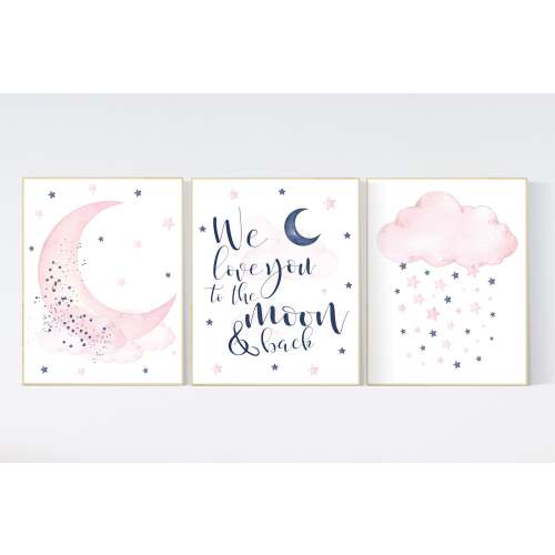 Nursery decor, We love you to the moon and back, pink and navy nursery art, navy pink, stars, moon, cloud, twin nursery, gender neutral