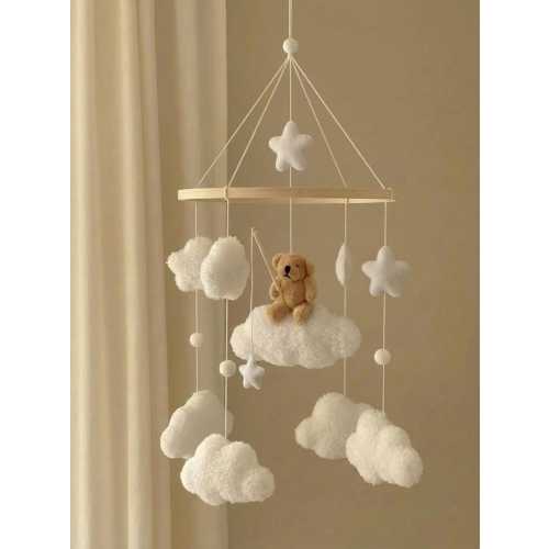 Baby Cloud Mobile with Teddy Bear & Stars –Handmade Neutral Nursery Decor