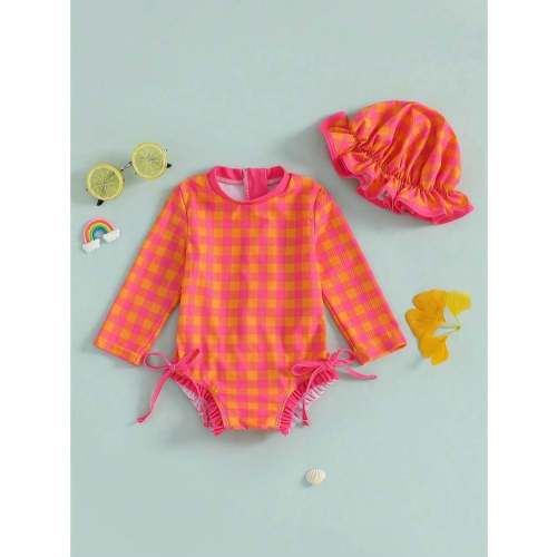 Baby Girl Swimsuit Baby Girls Long Sleeve One Piece Swimsuit Romper With Hat Bathing Suit Beach Rash Guard | SHEIN USA